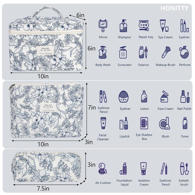 honitty Makeup Bag,Quilted Cosmetic Bags,Large Floral Make Up Organize bag,Makeup Bag Set for Women,Flower Travel Toiletry Bag - Image 2